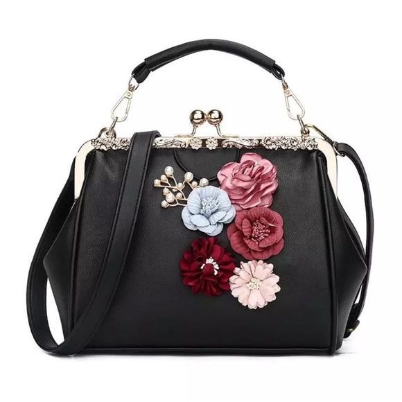 Flower Applique Kiss Lock PU Leather Bag (Black) - Picture 3 of 7